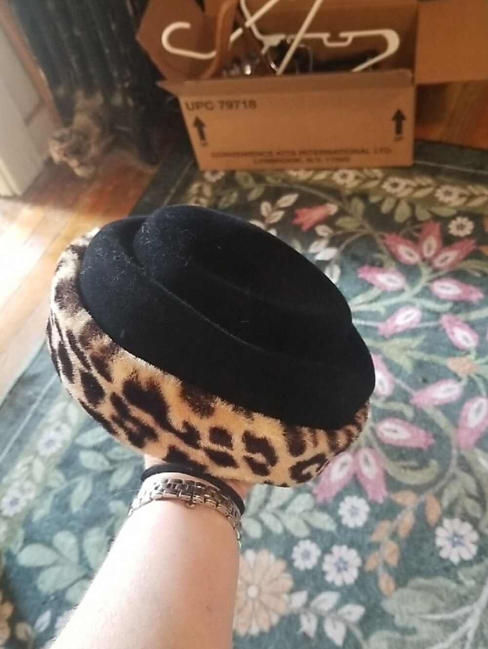 Vintage Black and Leopard Faux Fur Pillbox Hat